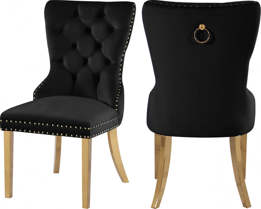 Carmen velvet dining chairs with gold accents