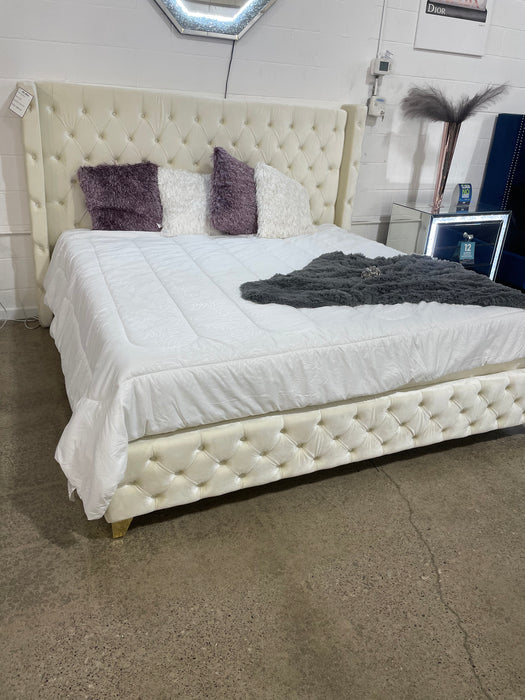 Cream Tufted Velvet Bed