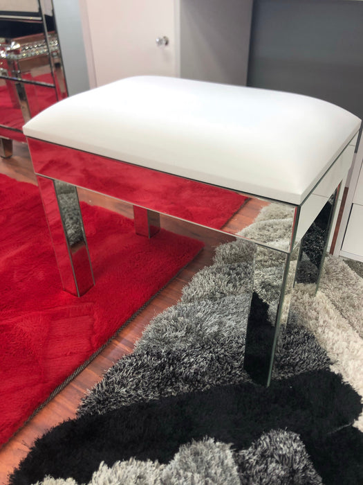 Glam Mirrored White Leather Vanity Stool